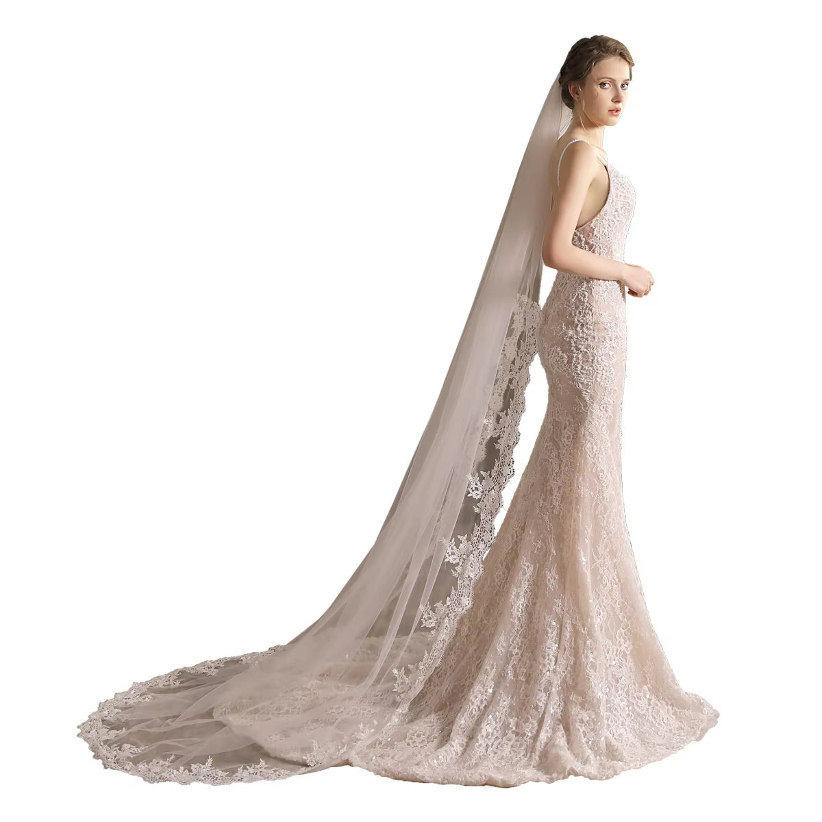 Long Lace Tulle Wedding Veil with Comb, Bridal Dress Accessory.