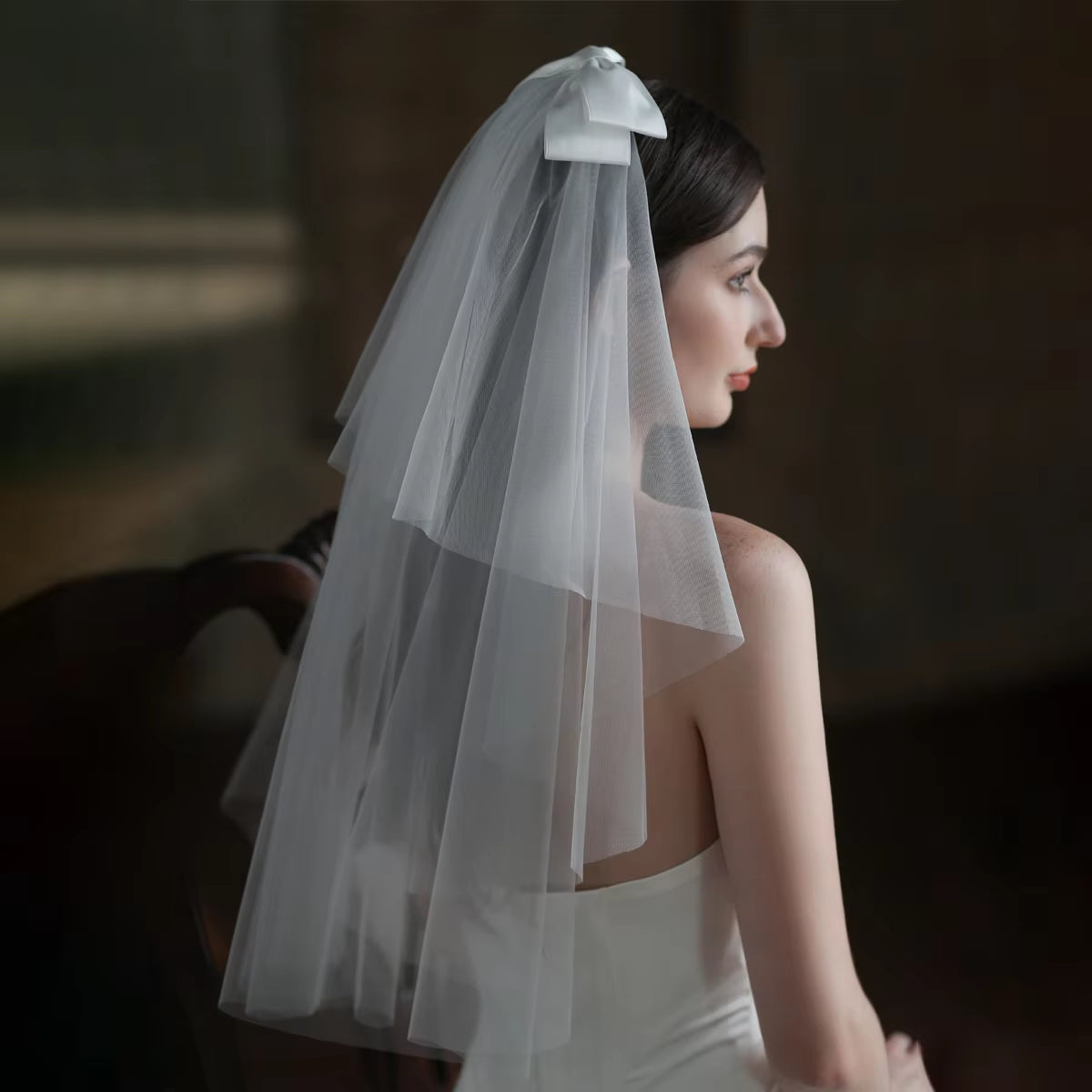 Elegant Two-Layer Elbow Bridal Veil in White Tulle with Satin Bow - Simple Cut Edge.