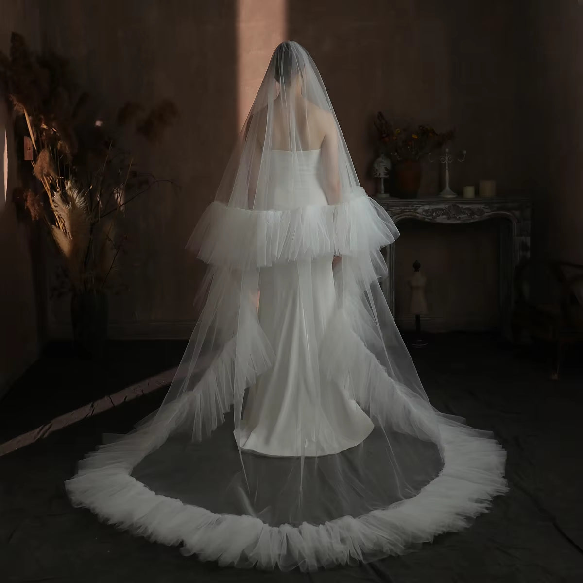 Two-Layer Tulle Veil with Ruffled Edge and Long Train, Handmade Royal Wedding Veil in White.