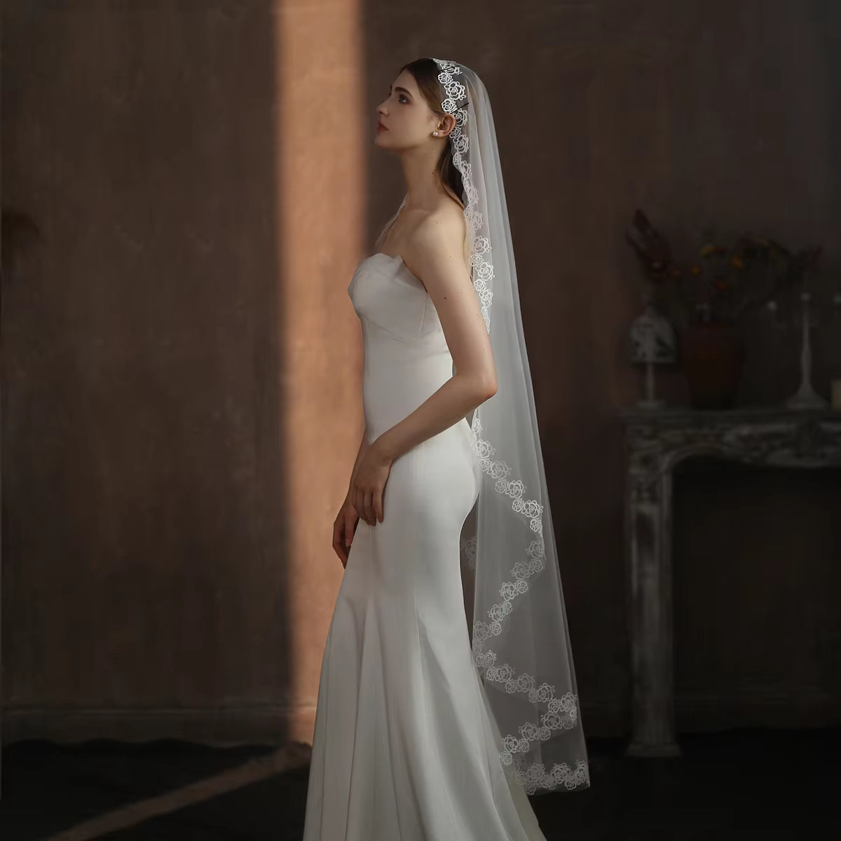 Exquisite Long White Bridal Veil in Semi-Transparent Tulle with Rose Lace Appliqué Edge - No Hair Comb Included