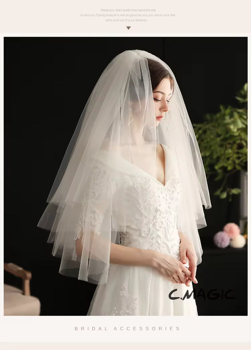 Classical Elbow-Length Bridal Veil in White Multi-Layer Plain Tulle-2 pcs