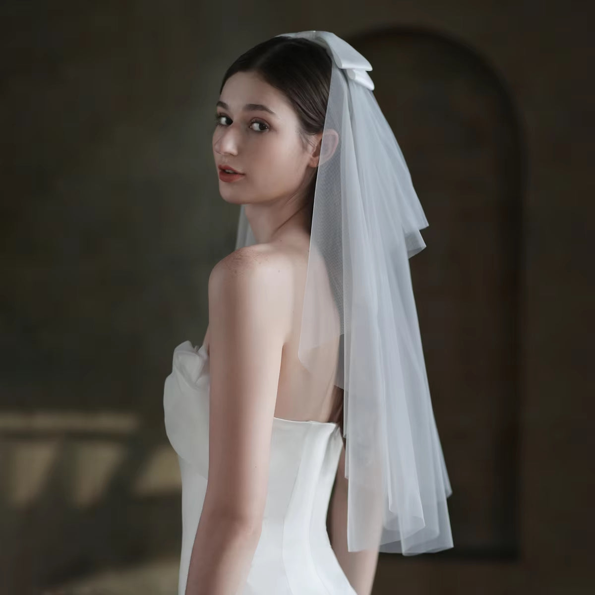 Elegant Two-Layer Elbow Bridal Veil in White Tulle with Satin Bow - Simple Cut Edge.