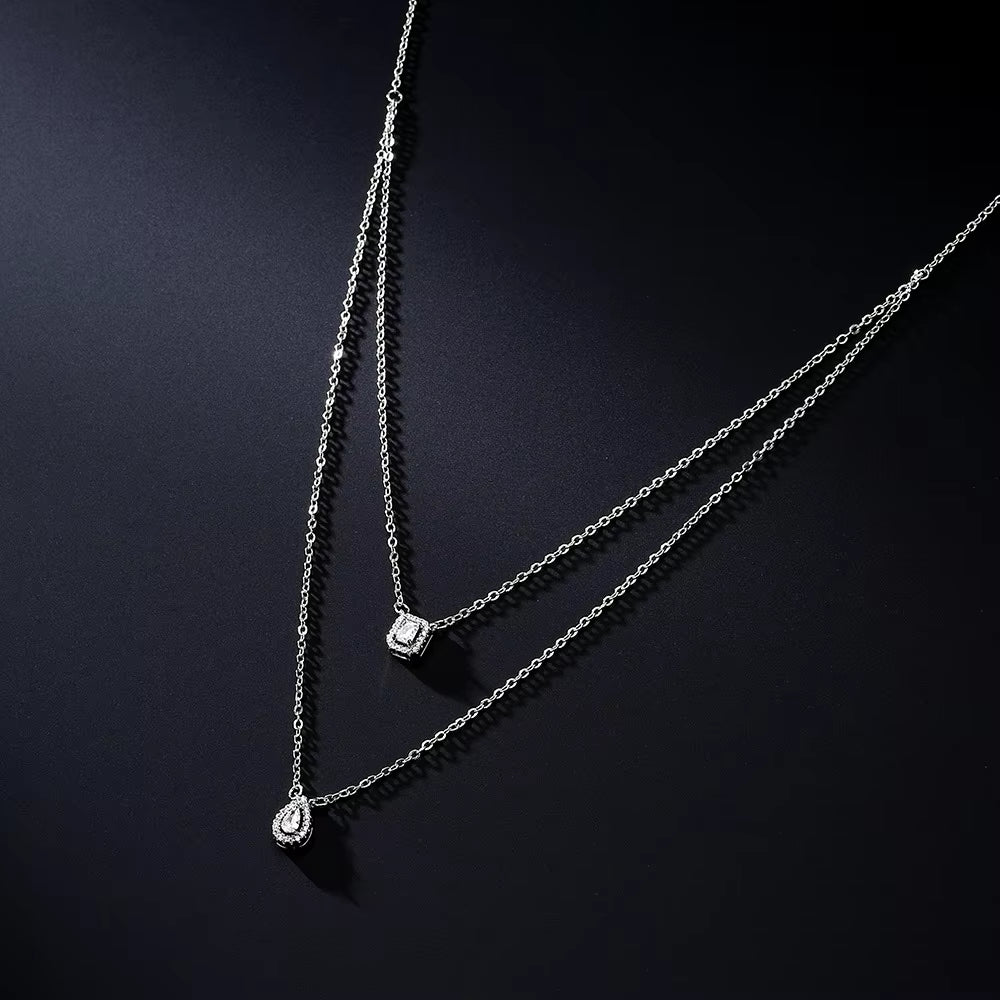 Classic Water Drop & Square Zircon Necklace – Elegant Double Layer Fashion Necklace for Women
