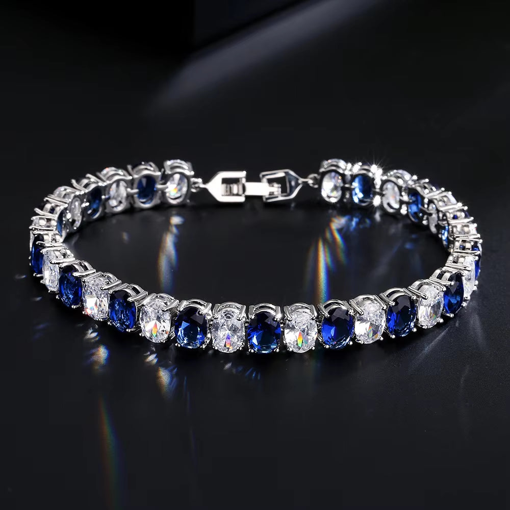 Classic Oval Zircon Bracelet Set - Sapphire-Accented Hand Jewelry