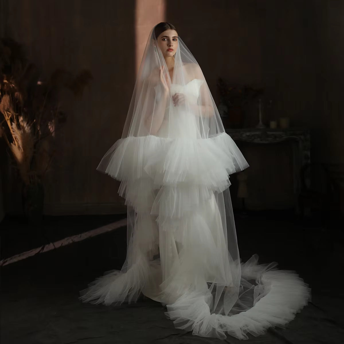 Two-Layer Tulle Veil with Ruffled Edge and Long Train, Handmade Royal Wedding Veil in White.