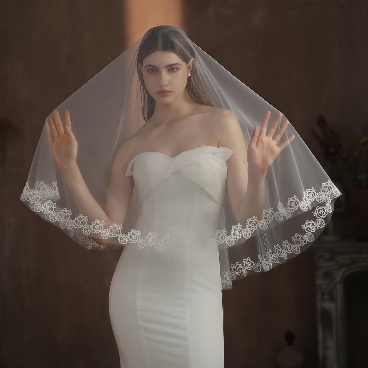Exquisite Long White Bridal Veil in Semi-Transparent Tulle with Rose Lace Appliqué Edge - No Hair Comb Included