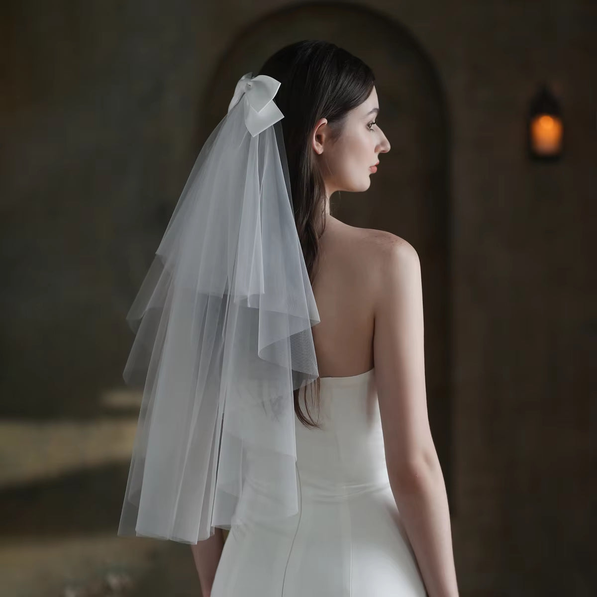 Elegant Two-Layer Elbow Bridal Veil in White Tulle with Satin Bow - Simple Cut Edge.