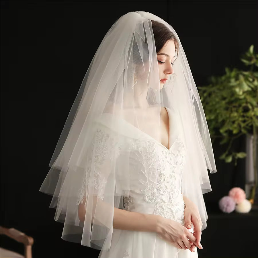 Classical Elbow-Length Bridal Veil in White Multi-Layer Plain Tulle-2 pcs