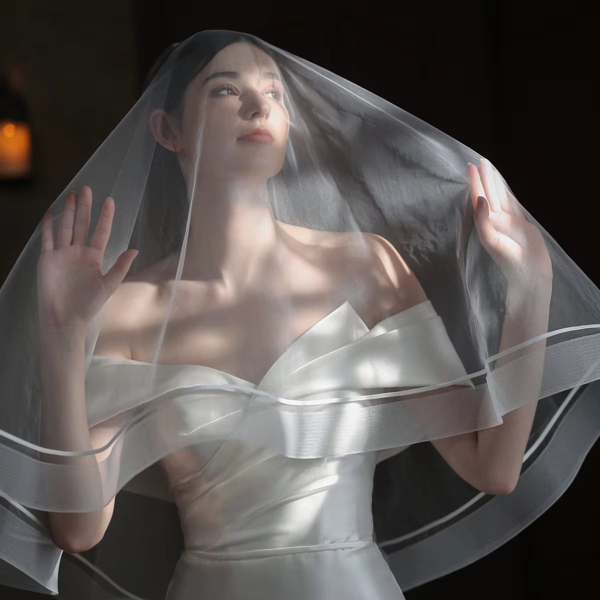Elegant Wedding Bridal White Veil 2-T Plain Tulle Elastic Mesh Edge