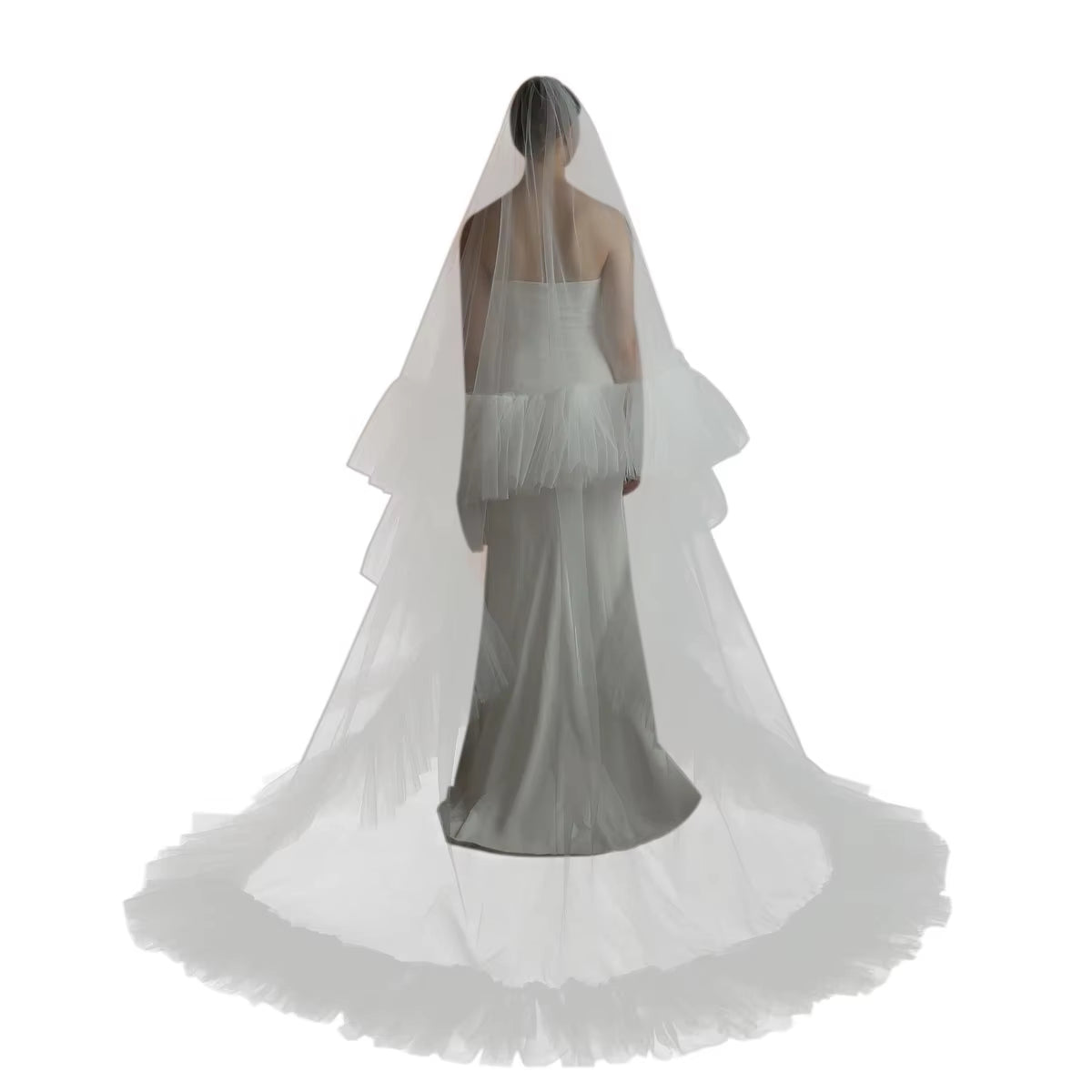 Two-Layer Tulle Veil with Ruffled Edge and Long Train, Handmade Royal Wedding Veil in White.