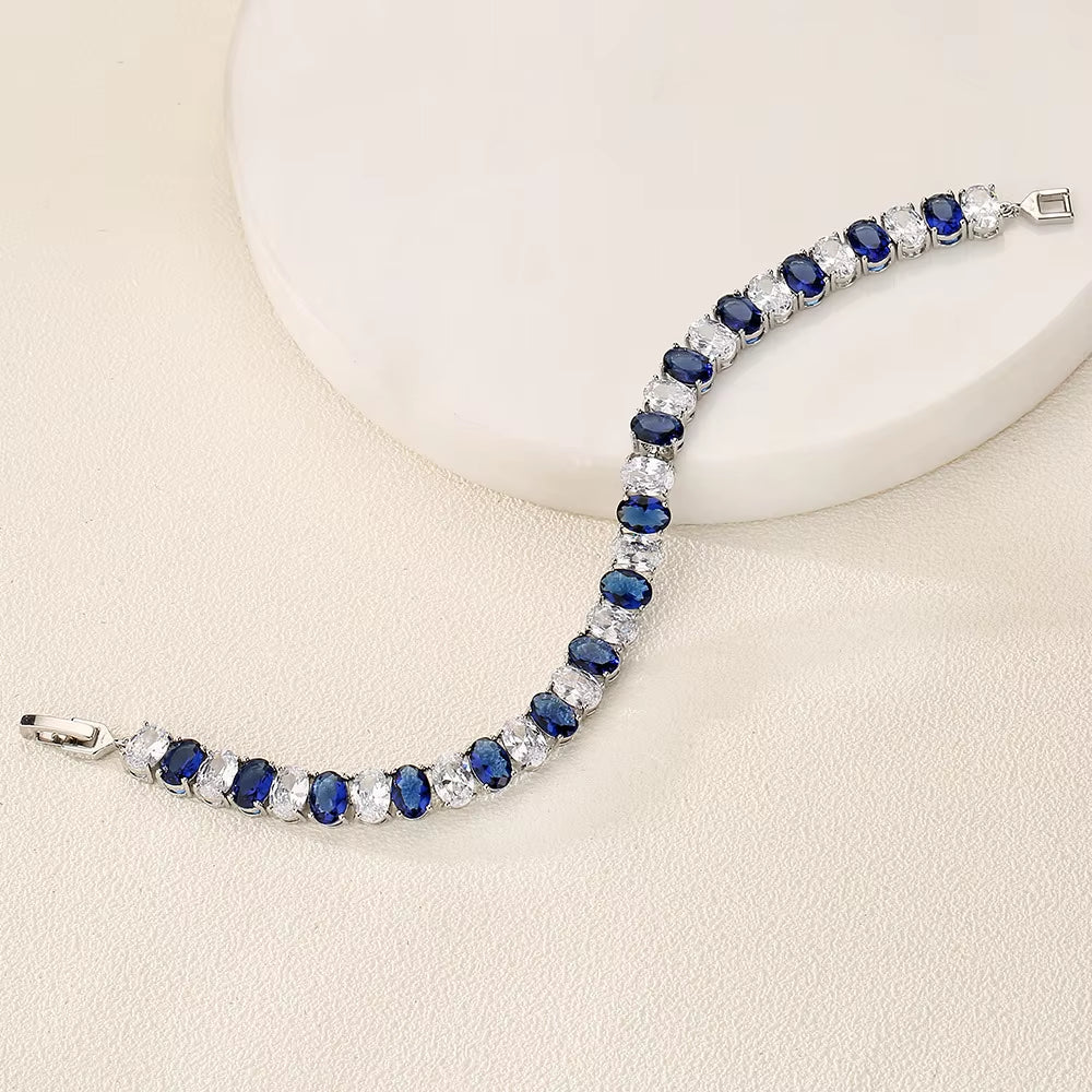Classic Oval Zircon Bracelet Set - Sapphire-Accented Hand Jewelry