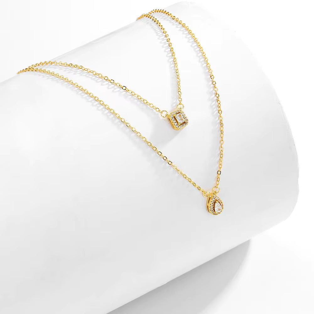 Classic Water Drop & Square Zircon Necklace – Elegant Double Layer Fashion Necklace for Women