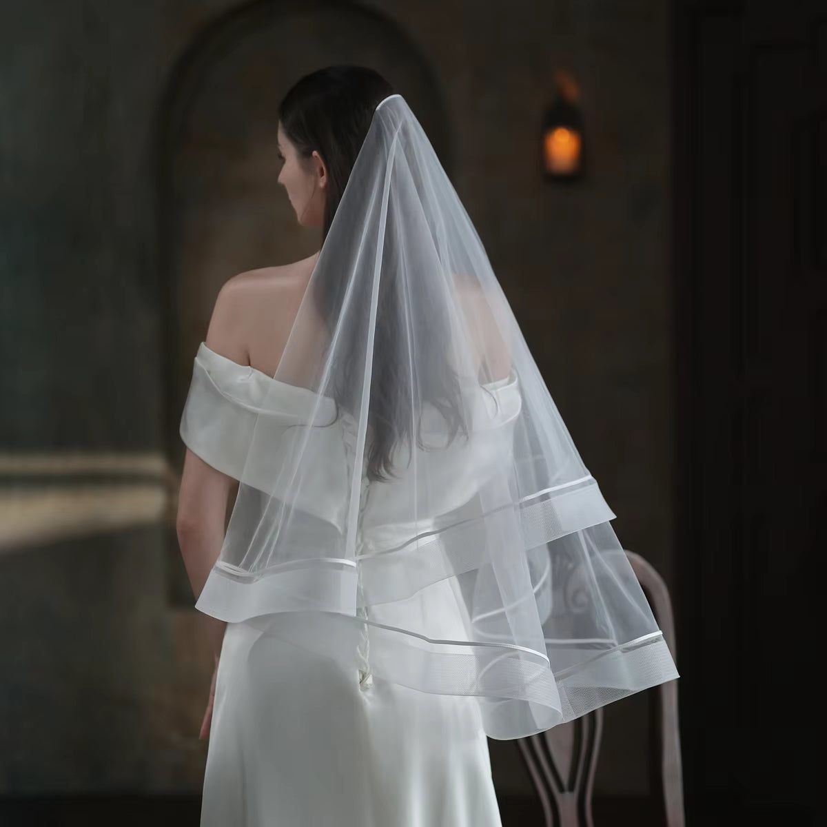 Elegant Wedding Bridal White Veil 2-T Plain Tulle Elastic Mesh Edge