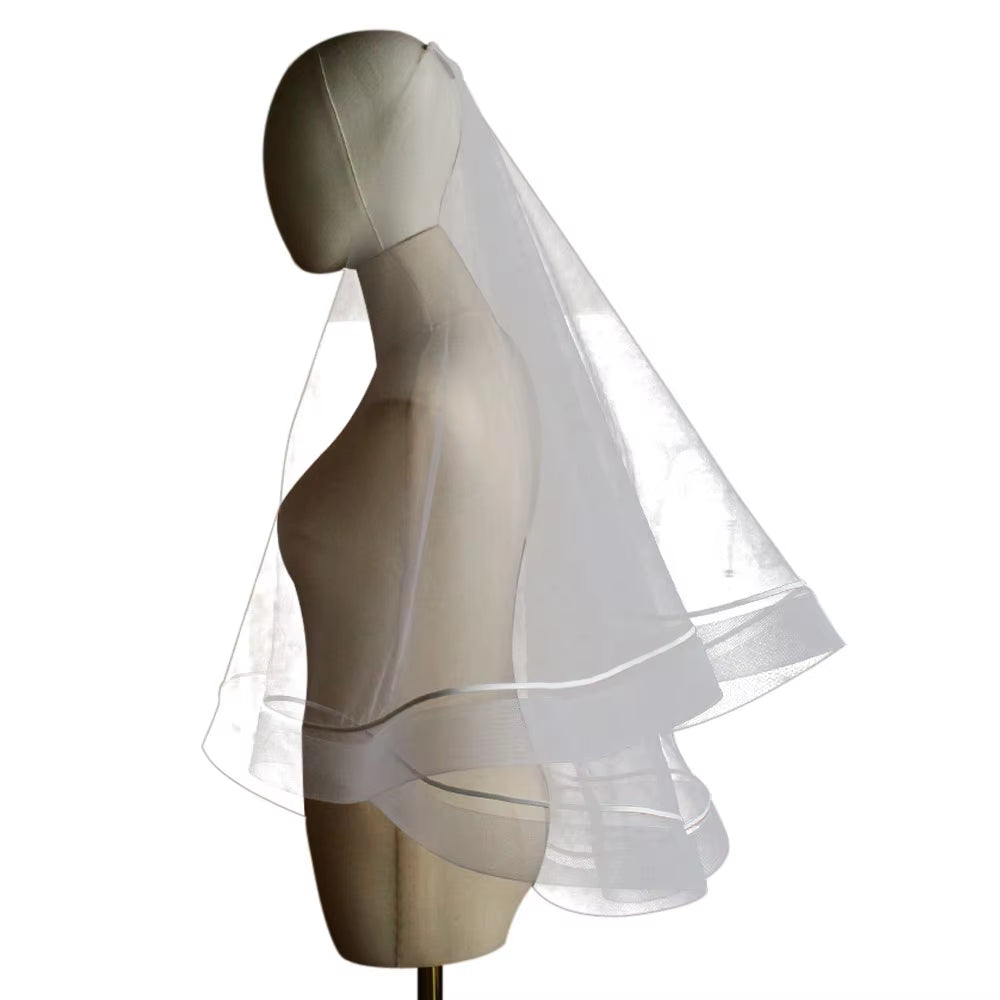 Elegant Wedding Bridal White Veil 2-T Plain Tulle Elastic Mesh Edge