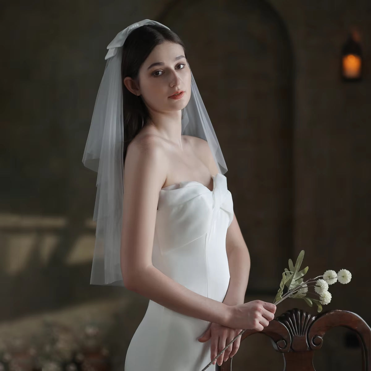 Elegant Two-Layer Elbow Bridal Veil in White Tulle with Satin Bow - Simple Cut Edge.