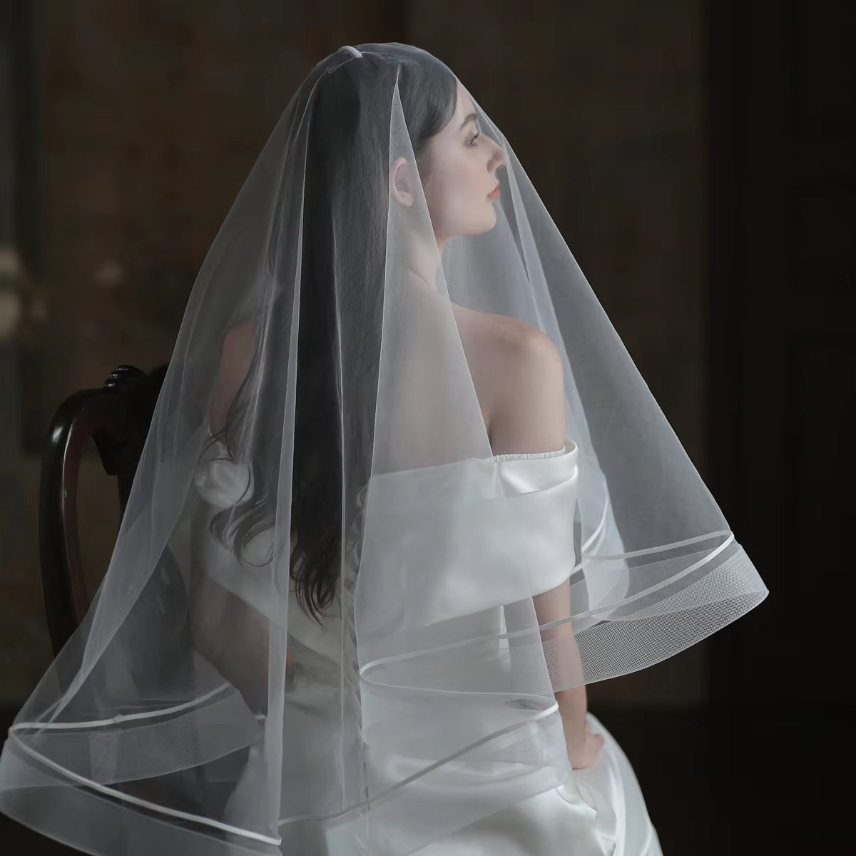 Elegant Wedding Bridal White Veil 2-T Plain Tulle Elastic Mesh Edge