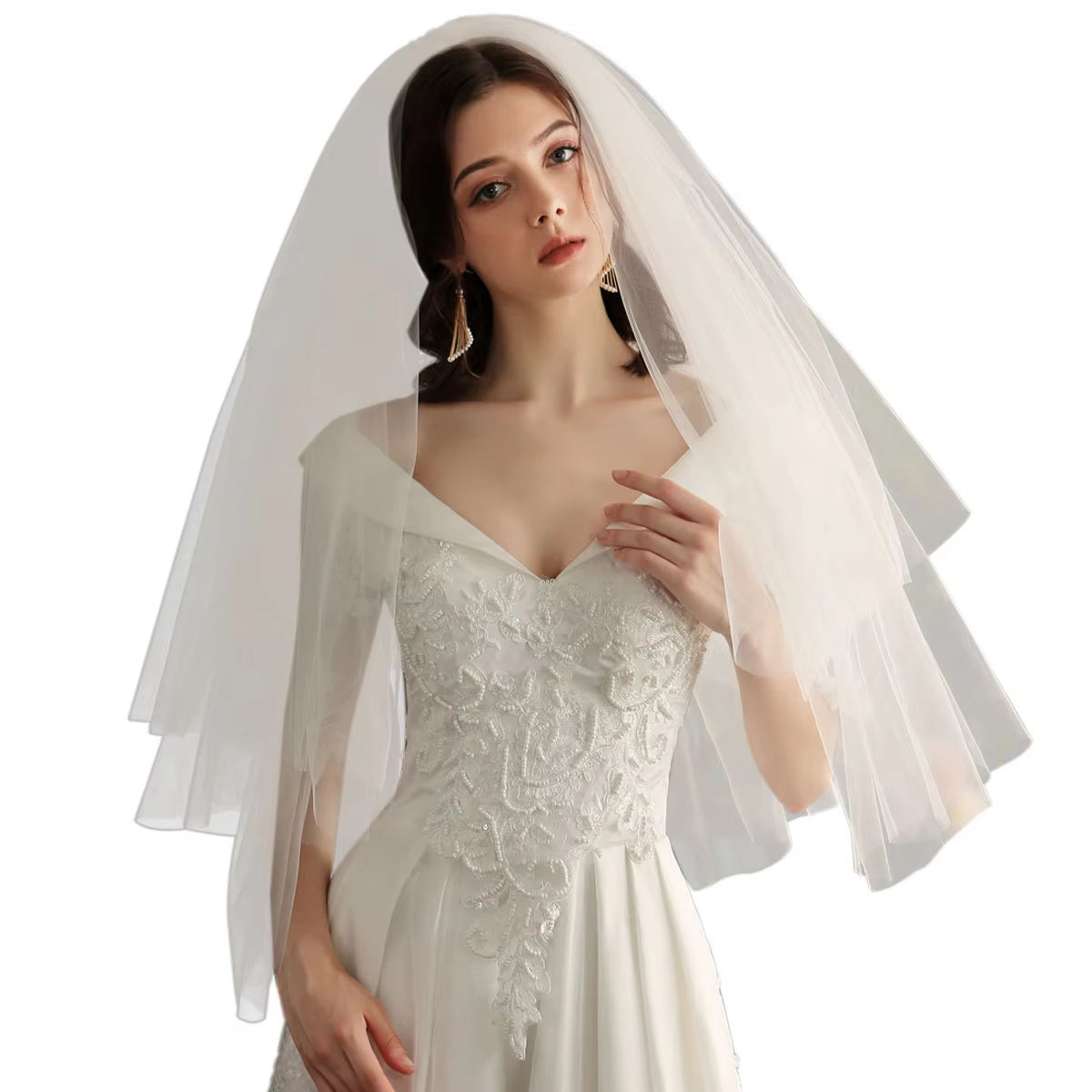 Classical Elbow-Length Bridal Veil in White Multi-Layer Plain Tulle-2 pcs