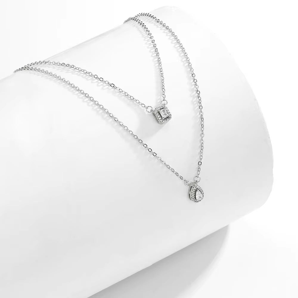 Classic Water Drop & Square Zircon Necklace – Elegant Double Layer Fashion Necklace for Women