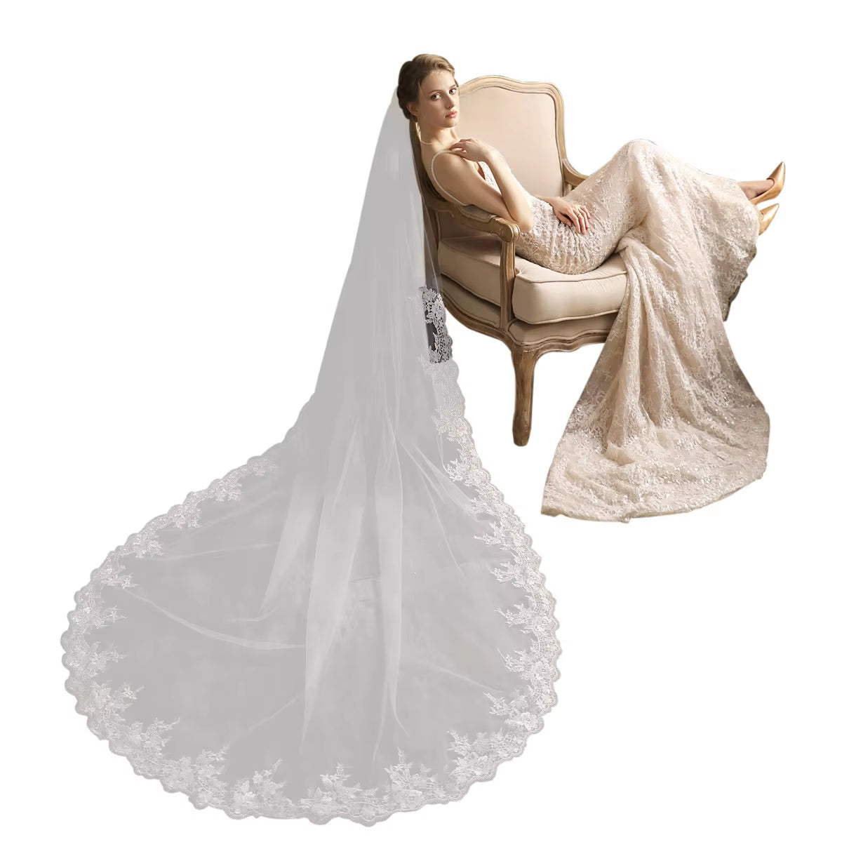 Long Lace Tulle Wedding Veil with Comb, Bridal Dress Accessory.