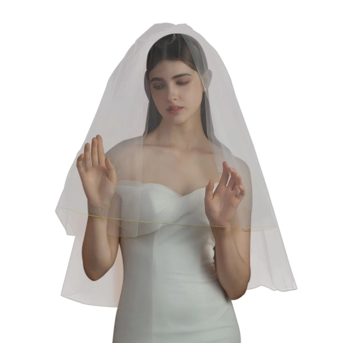 Shiny Wedding Bridal Shoulder Veil Two-Layer Tulle Golden Thread Edge White Short Brides Veil