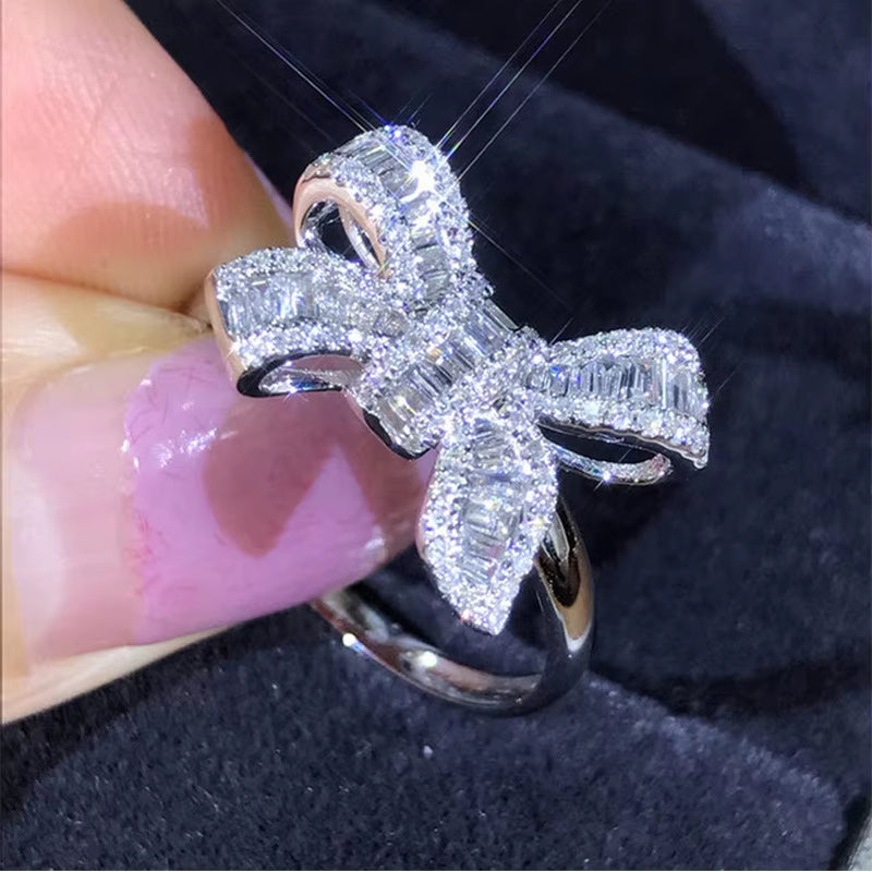 Silver Bowknot & Ladder CZ Ring Set - Elegant Zirconia Jewelry