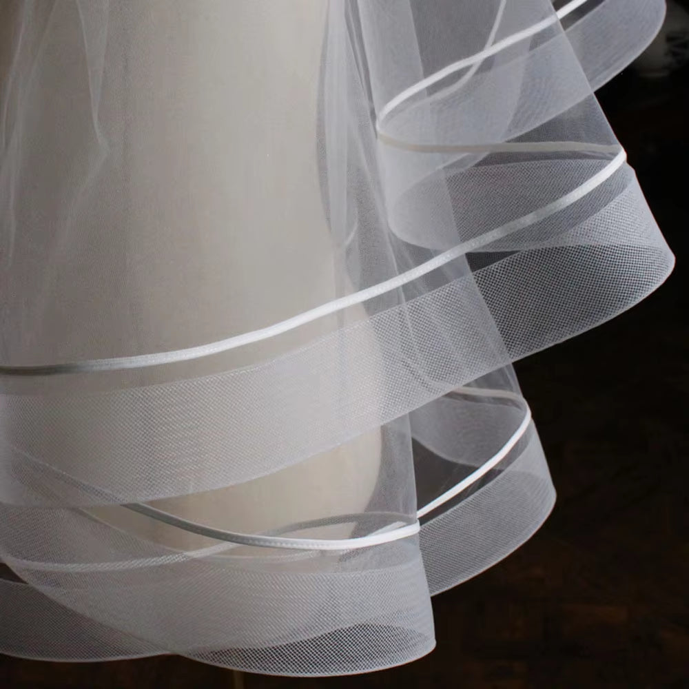 Elegant Wedding Bridal White Veil 2-T Plain Tulle Elastic Mesh Edge