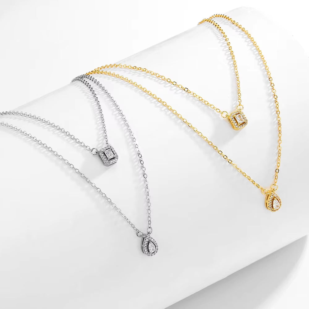Classic Water Drop & Square Zircon Necklace – Elegant Double Layer Fashion Necklace for Women