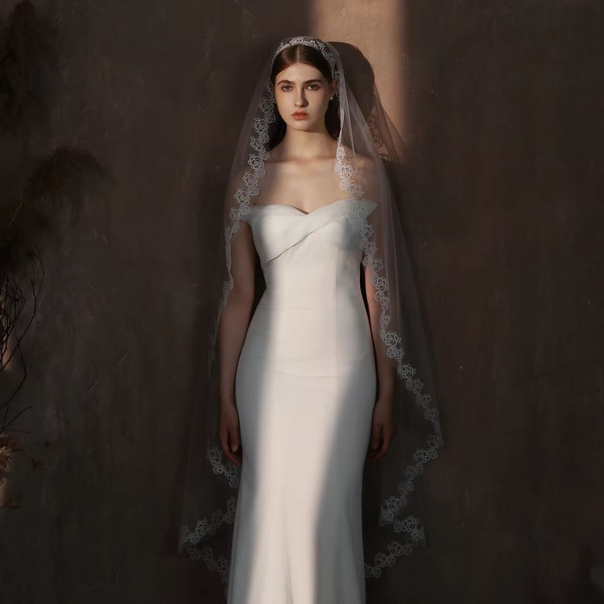 Exquisite Long White Bridal Veil in Semi-Transparent Tulle with Rose Lace Appliqué Edge - No Hair Comb Included
