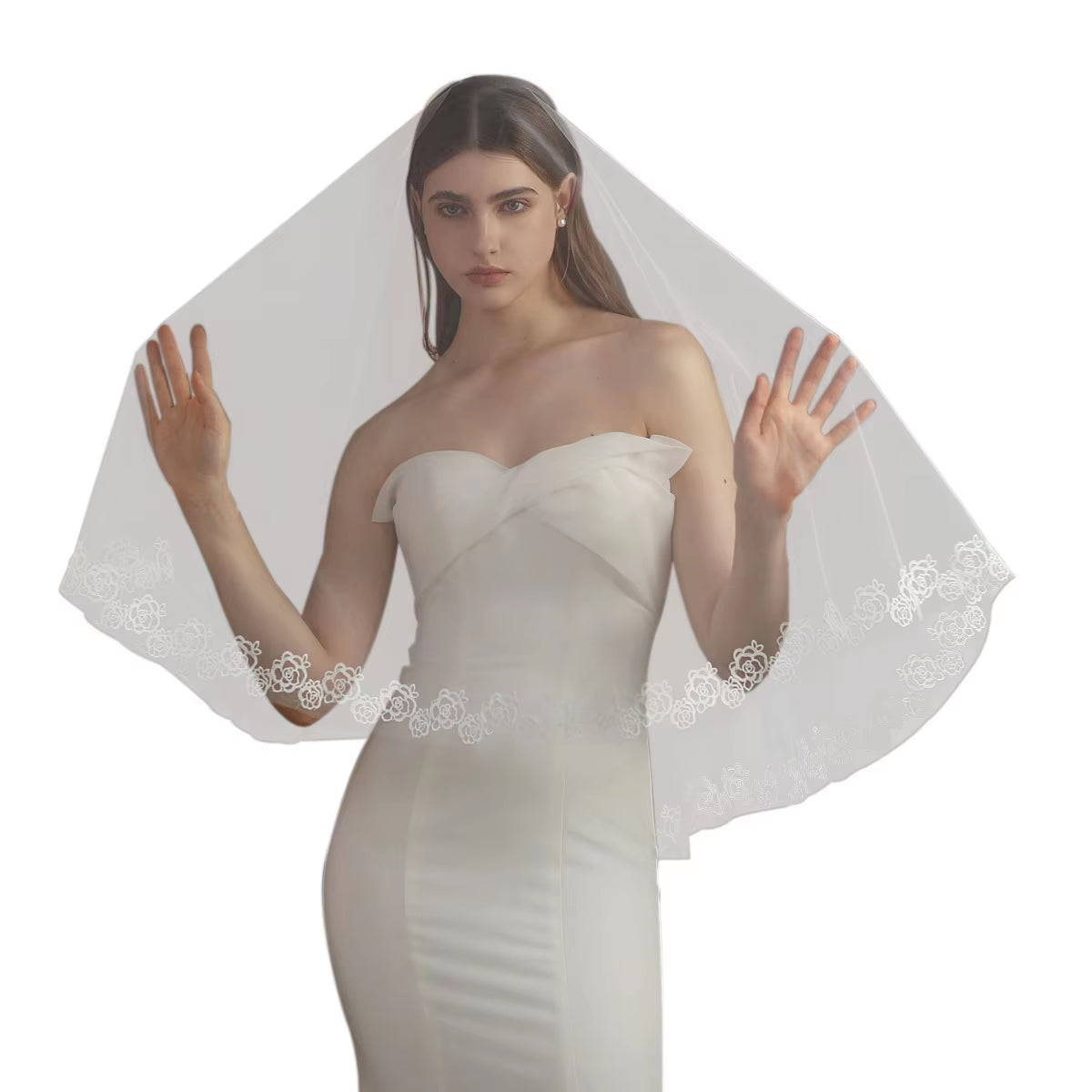 Exquisite Long White Bridal Veil in Semi-Transparent Tulle with Rose Lace Appliqué Edge - No Hair Comb Included