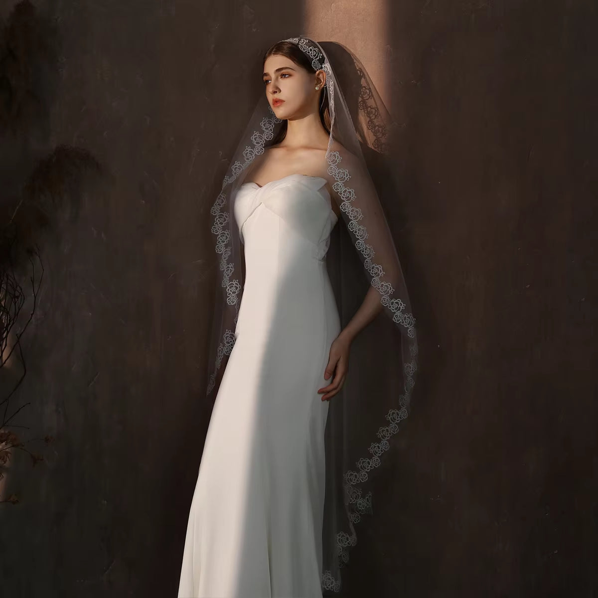 Exquisite Long White Bridal Veil in Semi-Transparent Tulle with Rose Lace Appliqué Edge - No Hair Comb Included