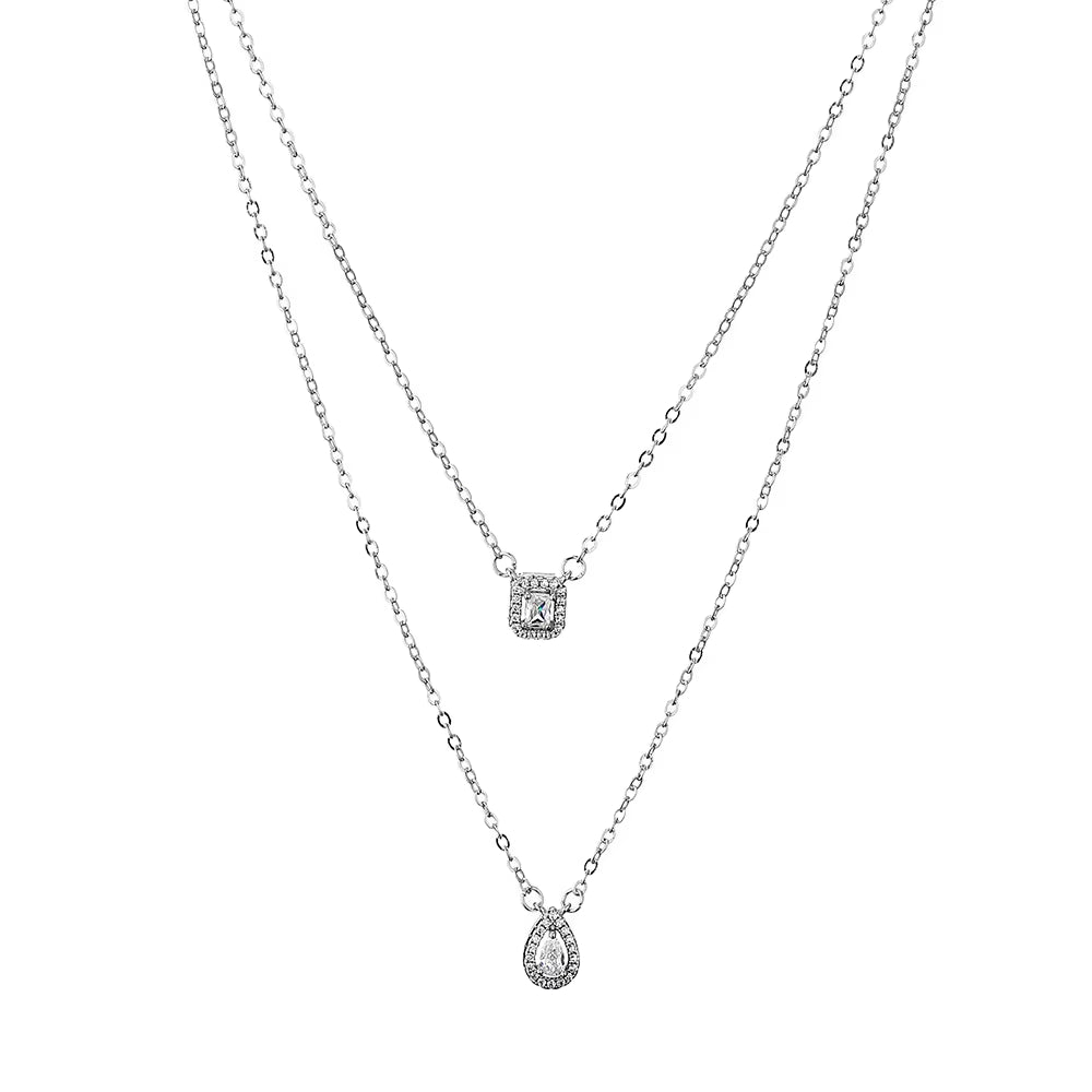 Classic Water Drop & Square Zircon Necklace – Elegant Double Layer Fashion Necklace for Women