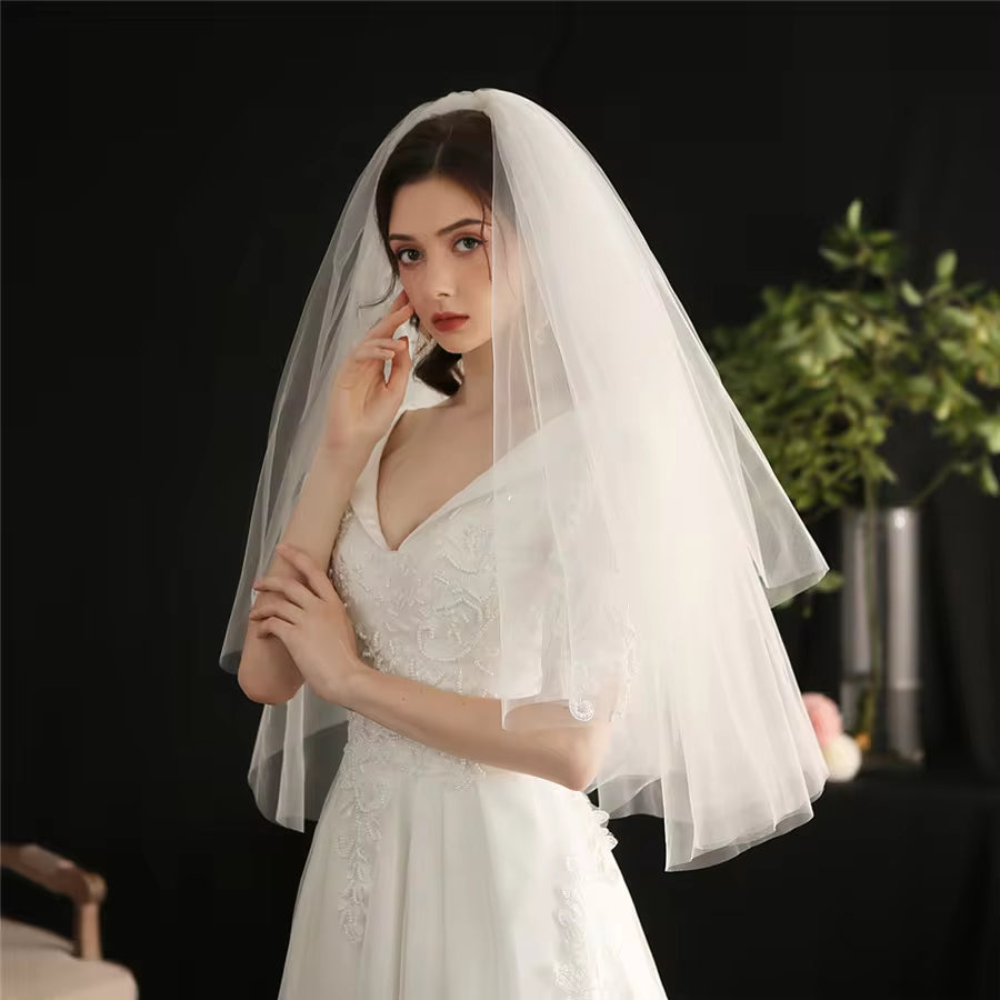 Classical Elbow-Length Bridal Veil in White Multi-Layer Plain Tulle-2 pcs
