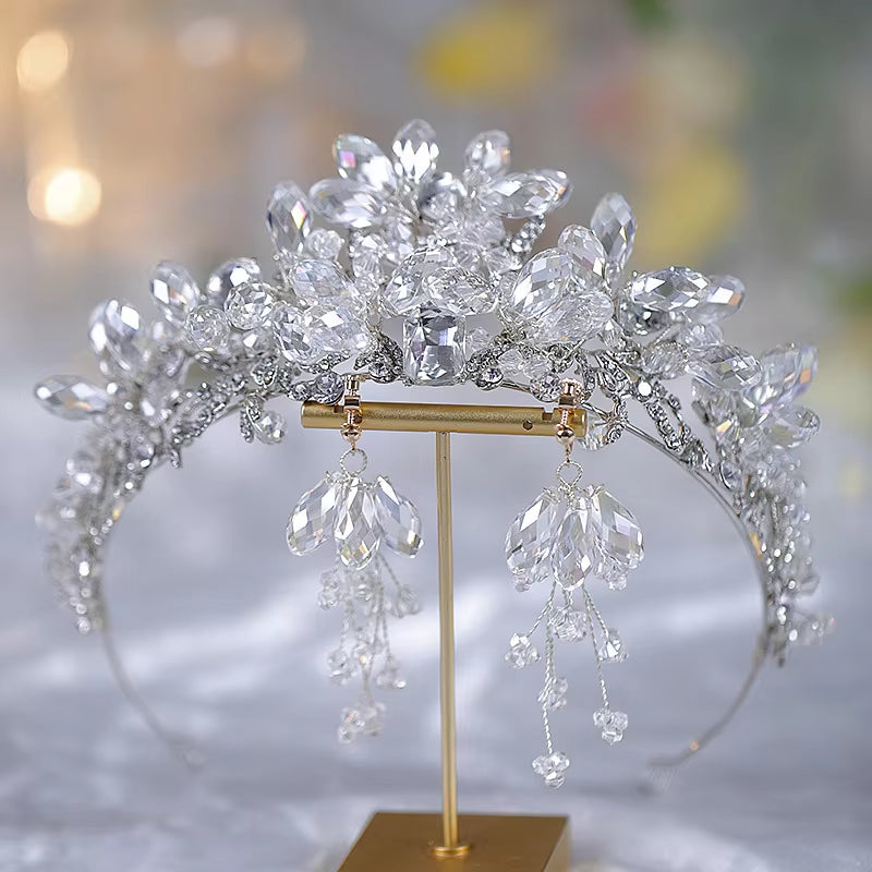 Fashion Crystal Flower Bride Wedding Accessories Zinc Alloy Tiara Crown Earrings Jewelry Set