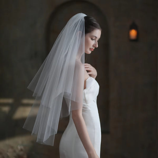 Women Wedding Accessories Elegant White Bridal Veil Plain Tulle Two-Layer Cut Edge-Elbow Length