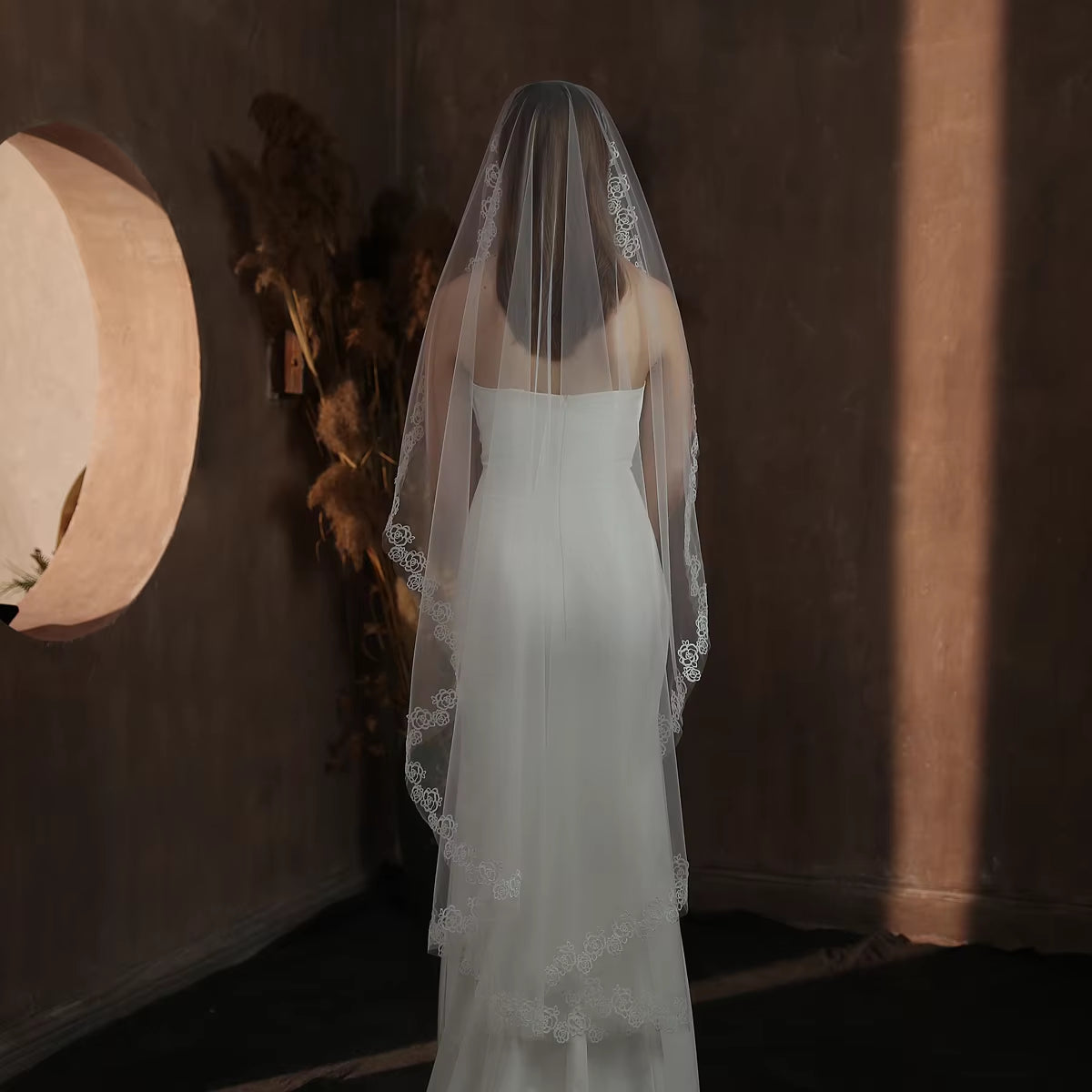 Exquisite Long White Bridal Veil in Semi-Transparent Tulle with Rose Lace Appliqué Edge - No Hair Comb Included