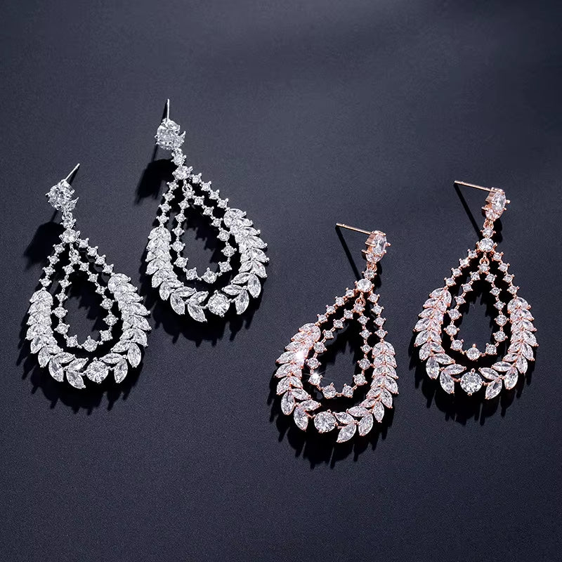 Classic Silver Drop Earrings with Zircon - Elegant European-American Style