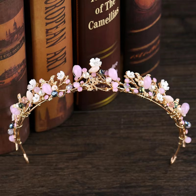 Pink Crystal Beaded Wedding Bridal Pageant Rhinestone Crystal Tiaras Crown Molding Headpieces for Queens and Bride