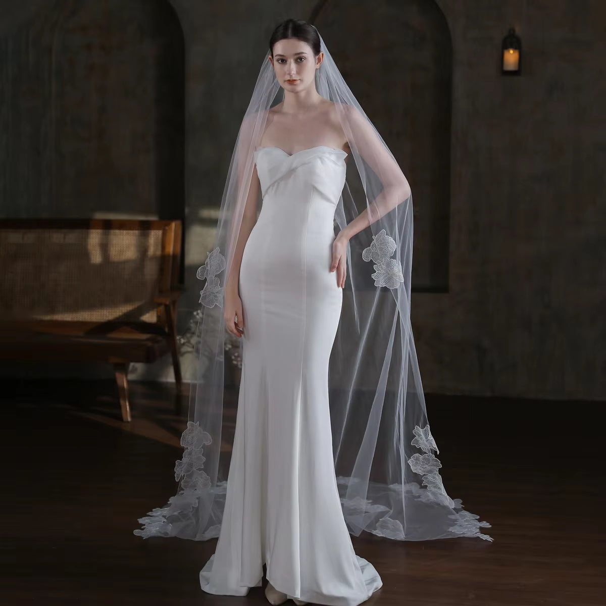  Wedding Bridal Cathedral Veil One-Layer Tulle Lace edge