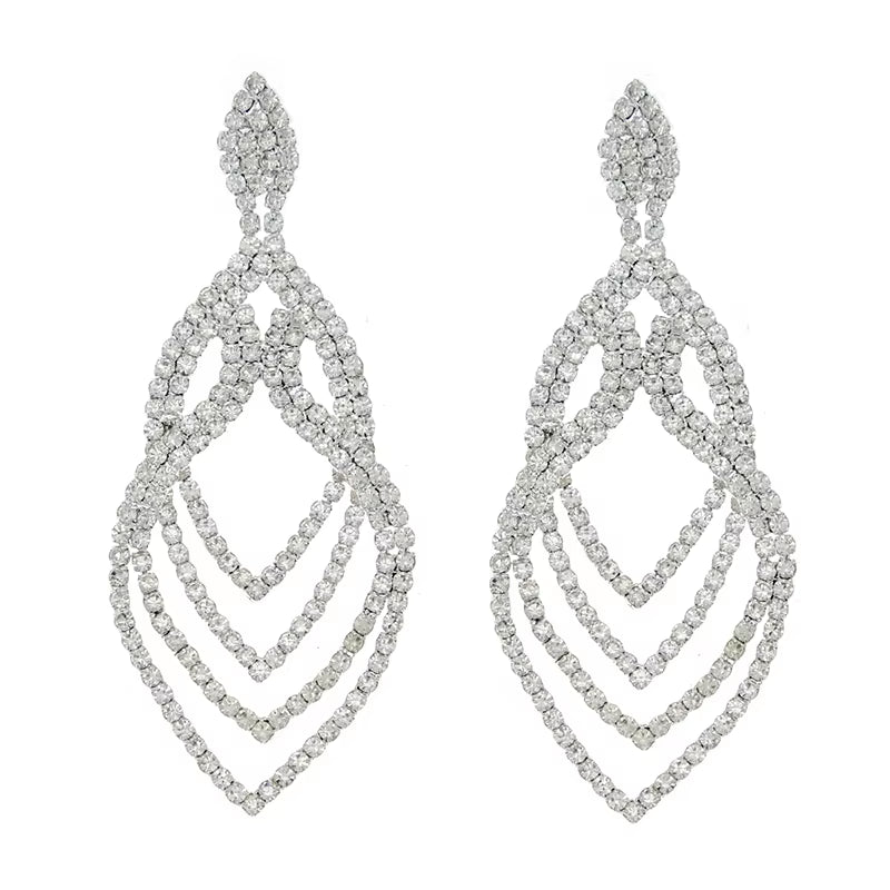 Silver Rhinestone Drop Hoop Earrings - Long Crystal Bridal Jewelry