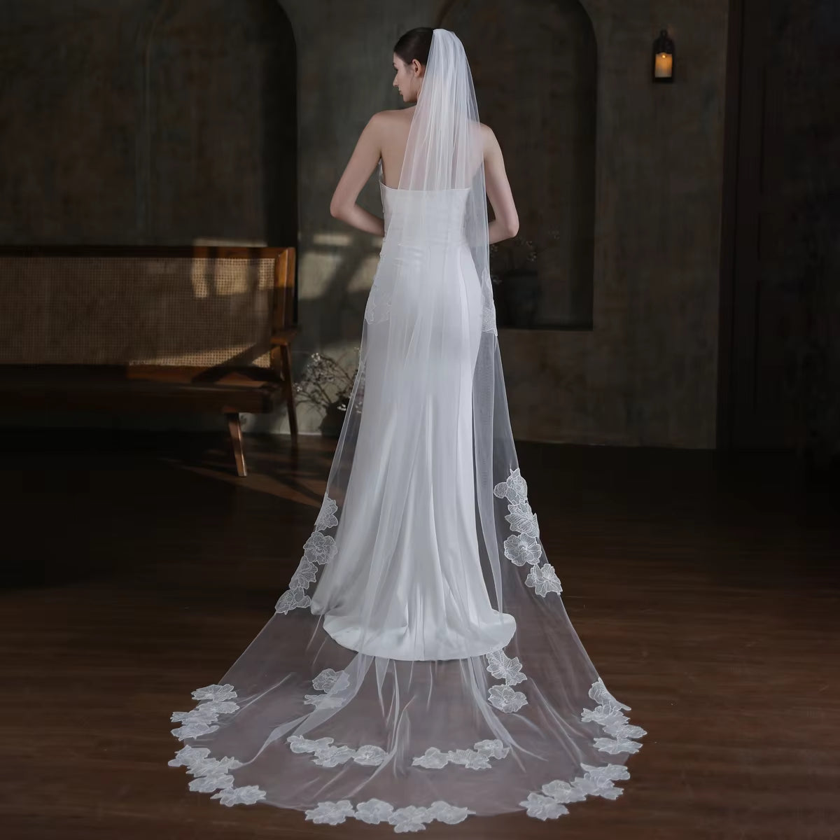  Wedding Bridal Cathedral Veil One-Layer Tulle Lace edge