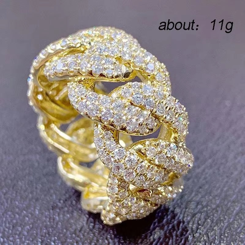 Gold-Plated Braided Zircon Ring - Hip-Hop Crystal Chain Design