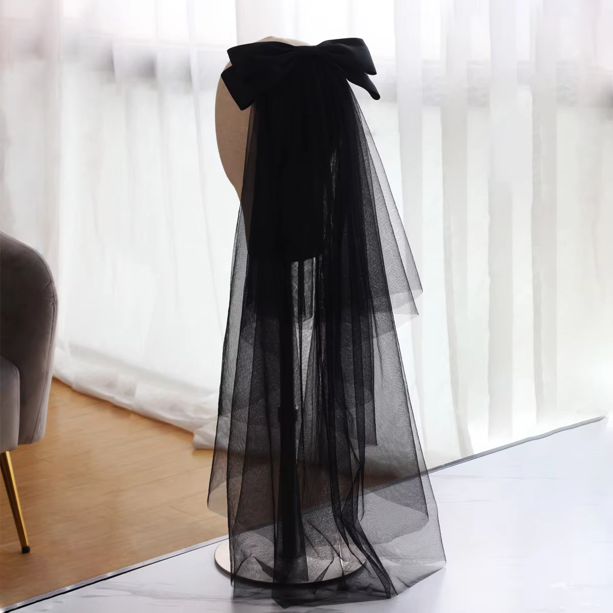 Elegant Two-Layer Elbow Bridal Veil in White Tulle with Satin Bow - Simple Cut Edge.