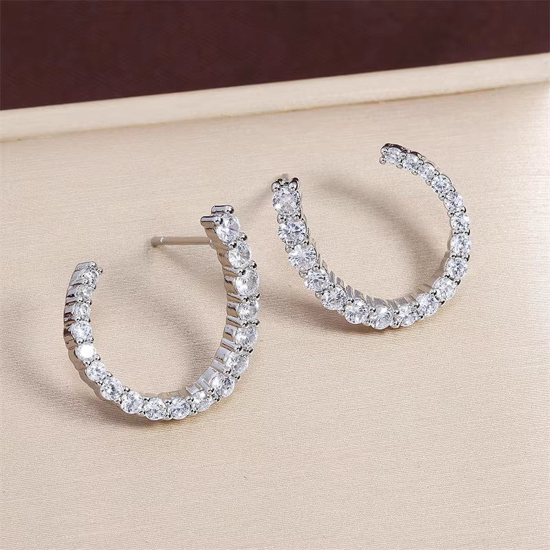 Yellow Gold-Plated Sterling Silver Oen Hoop Stud Earrings - Cubic Zirconia Front-Facing Design"