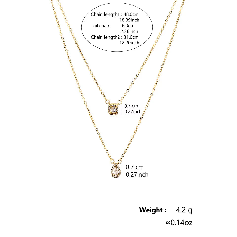 Classic Water Drop & Square Zircon Necklace – Elegant Double Layer Fashion Necklace for Women