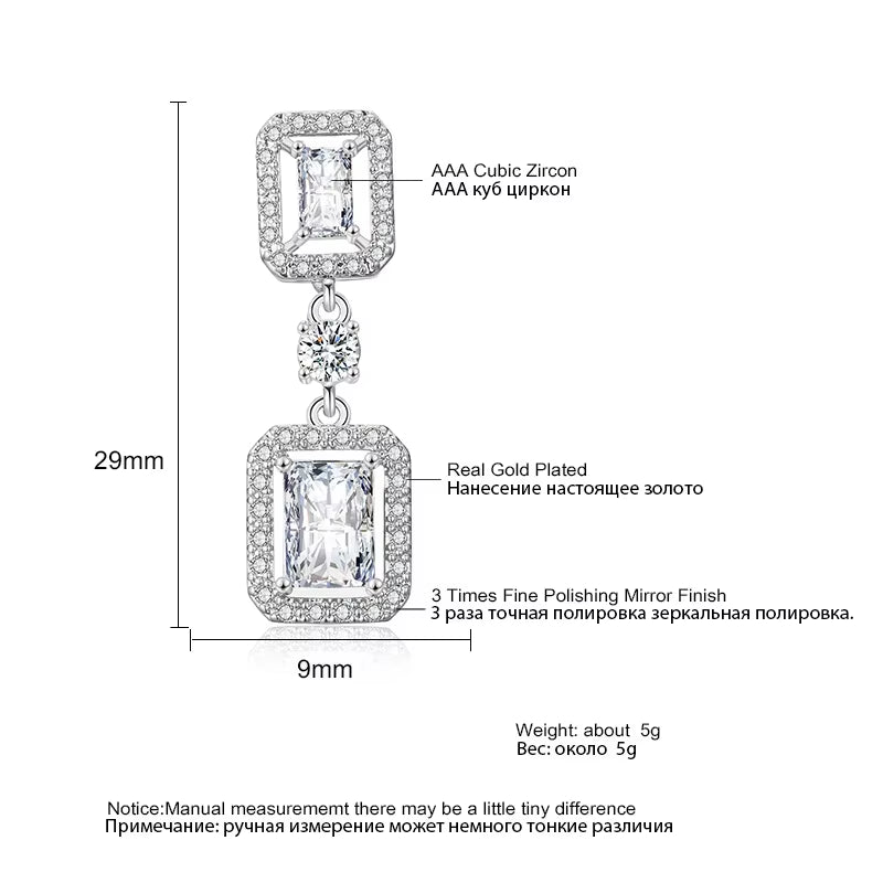 White Gold-Plated Rectangle & Square Dangle Earrings - Cubic Zirconia Teardrop 