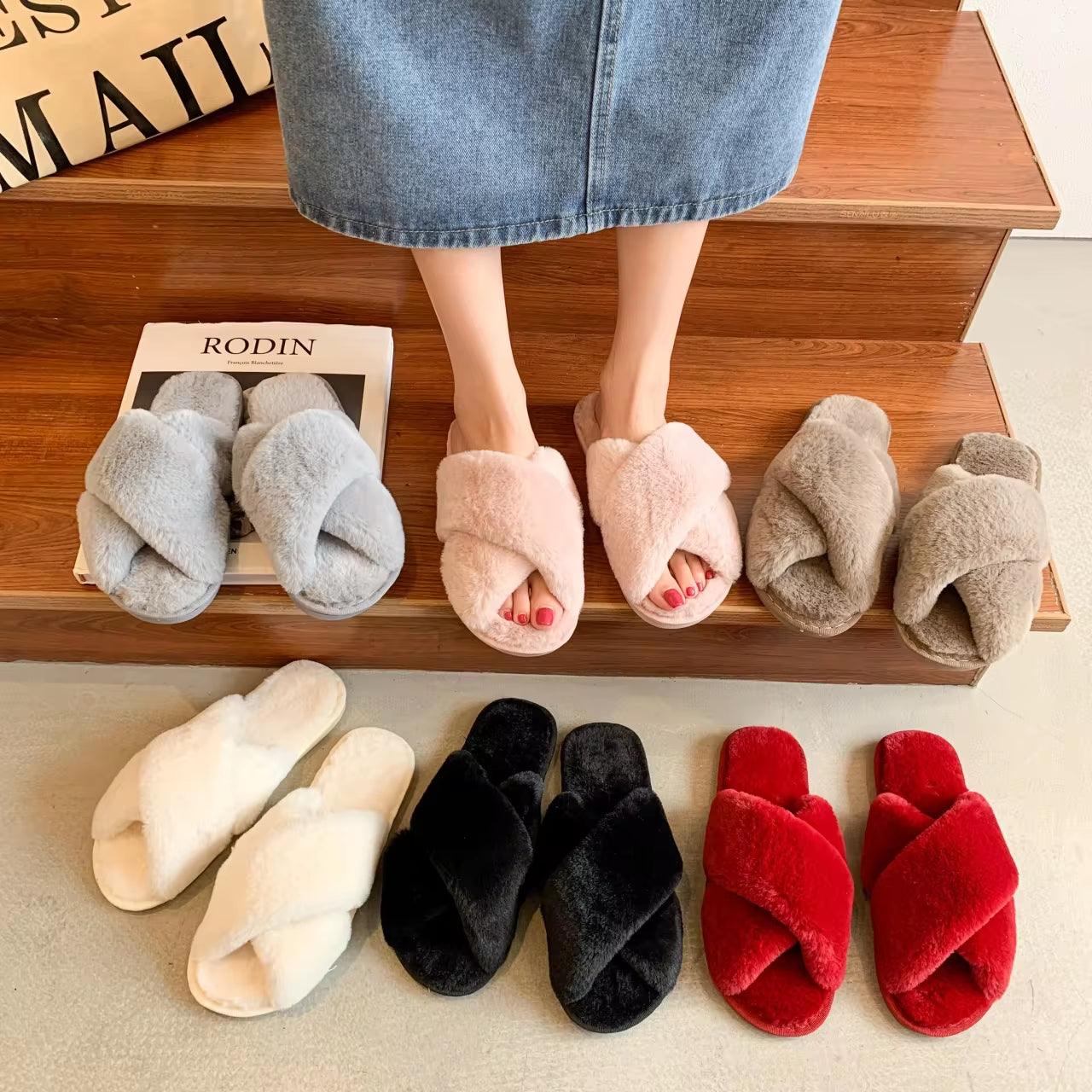 Cozy Luxe Women's Fluffy Cross-Band Fur Slippers