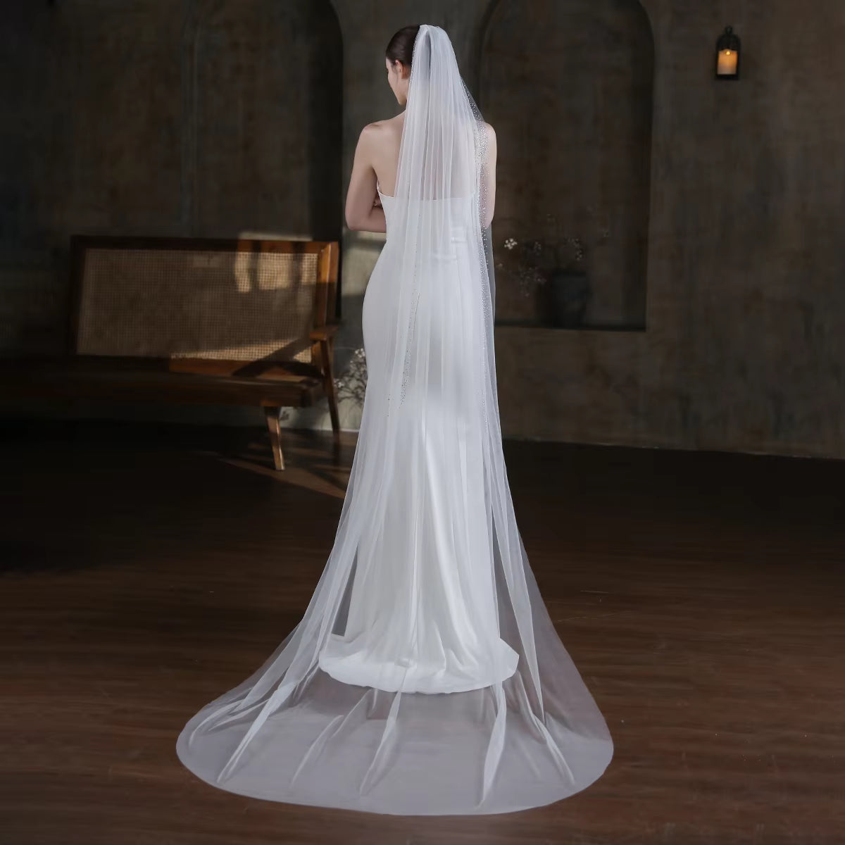 Exquisite One-Layer White Cathedral Bridal Veil with Clear Crystal Beading 