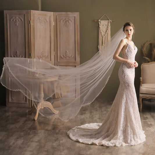 Luxury  Wedding Bridal Long Train Veil One-Layer Plain Tulle Pearl-Leaf Edge 