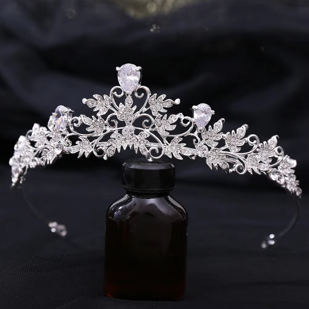 High Quality Zircon Wedding Bridal Hair Accessories Rhinestone Crystal Bling Tiaras and Crown Alloy Leave Designer Bride Crown