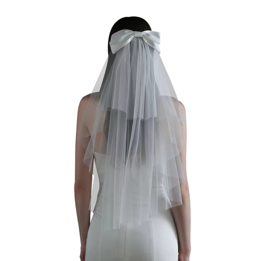 Elegant Two-Layer Elbow Bridal Veil in White Tulle with Satin Bow - Simple Cut Edge.